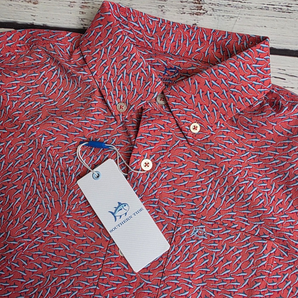 Southern Tide Boys Rosewood Red Fish Print Sport Shirt Short Sleeve NWT Large 14